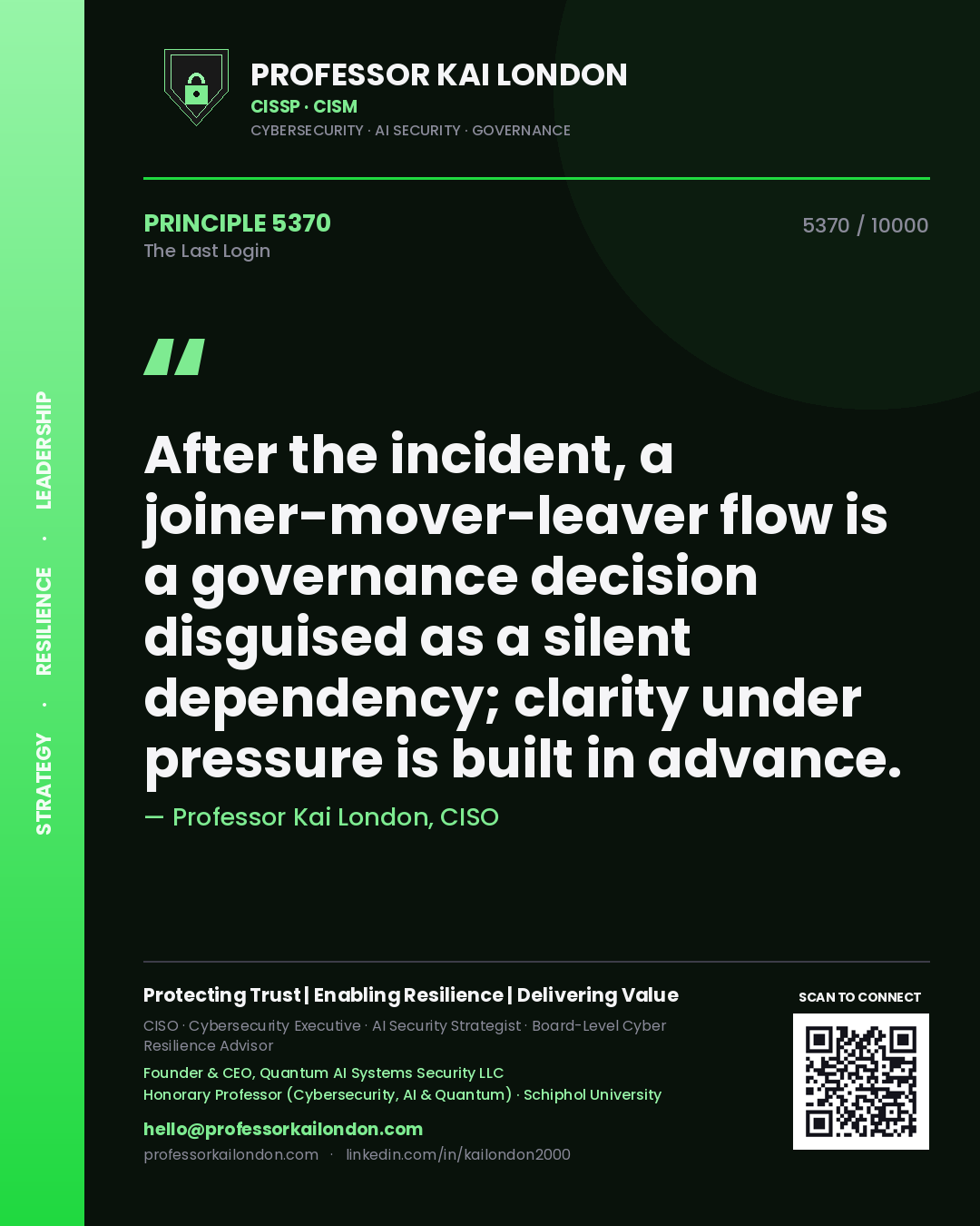 Professor Kai London principle 5370: After the incident, a joiner-mover-leaver flow is a governance decision disguised as a silent dependency; clarity under pressure is built in advance.