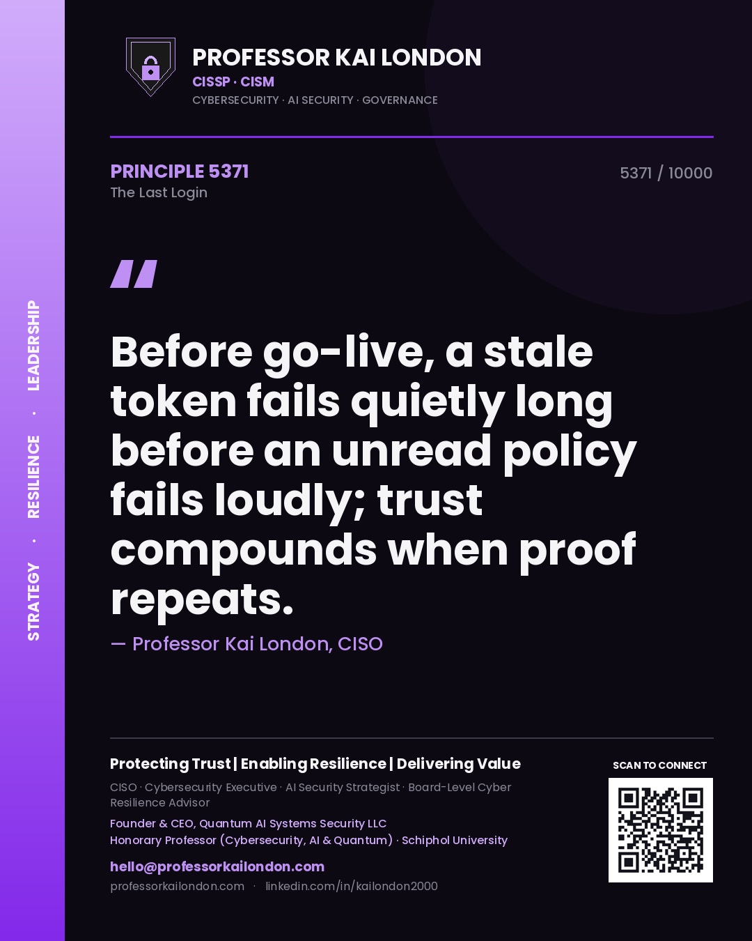 Professor Kai London principle 5371: Before go-live, a stale token fails quietly long before an unread policy fails loudly; trust compounds when proof repeats.