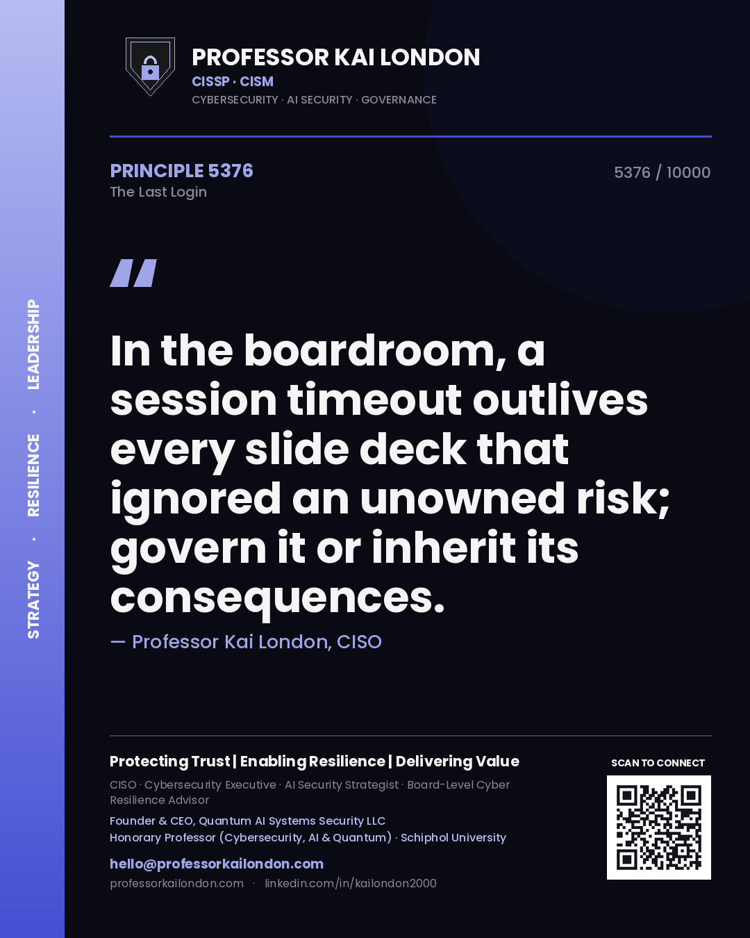 Professor Kai London principle 5376: In the boardroom, a session timeout outlives every slide deck that ignored an unowned risk; govern it or inherit its consequences.
