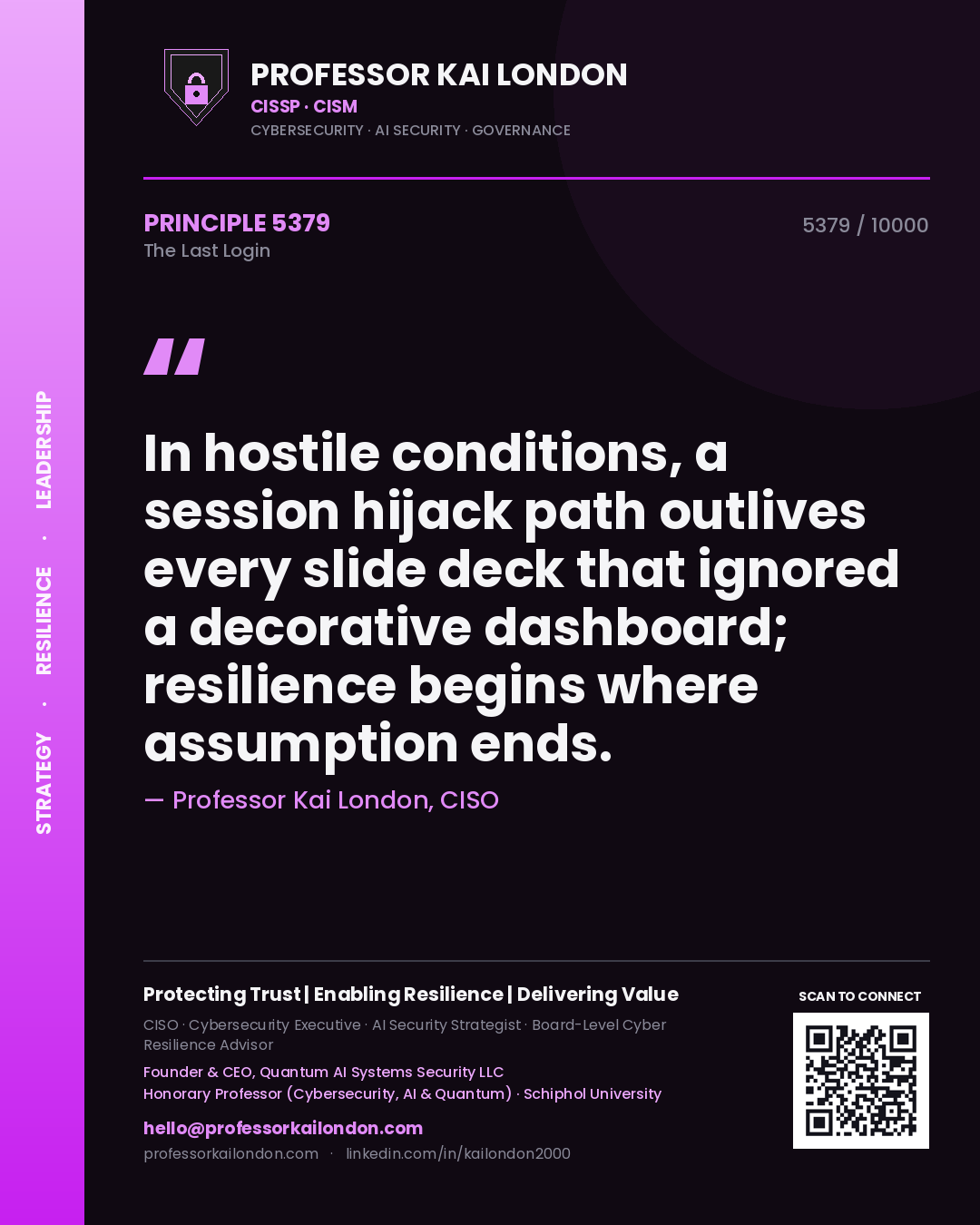 Professor Kai London principle 5379: In hostile conditions, a session hijack path outlives every slide deck that ignored a decorative dashboard; resilience begins where assumption ends.