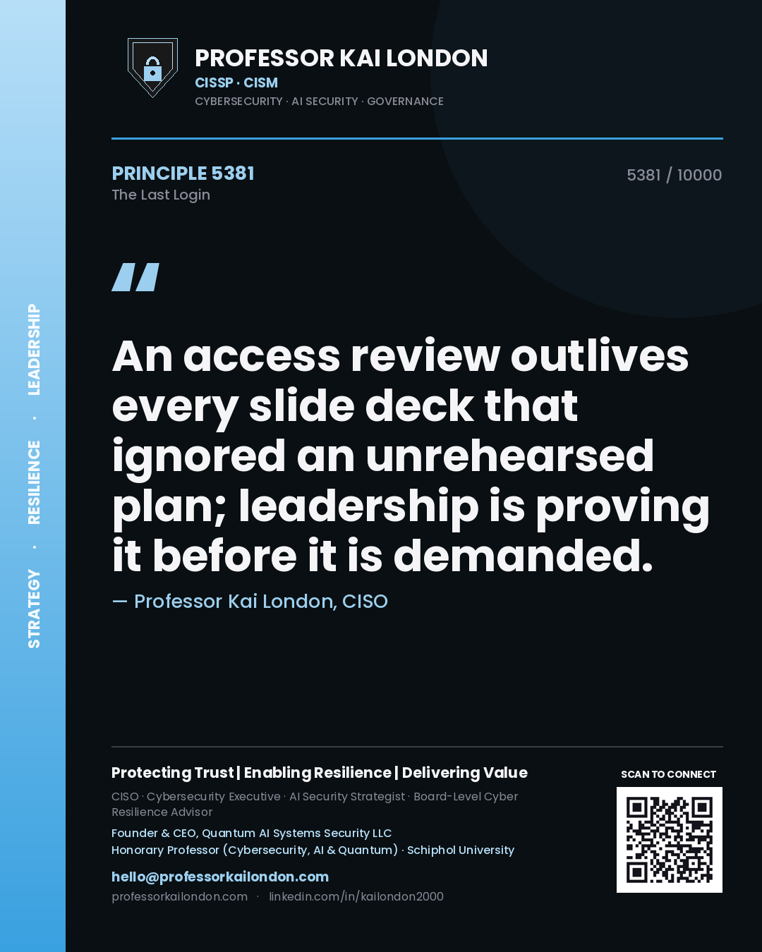 Professor Kai London principle 5381: An access review outlives every slide deck that ignored an unrehearsed plan; leadership is proving it before it is demanded.