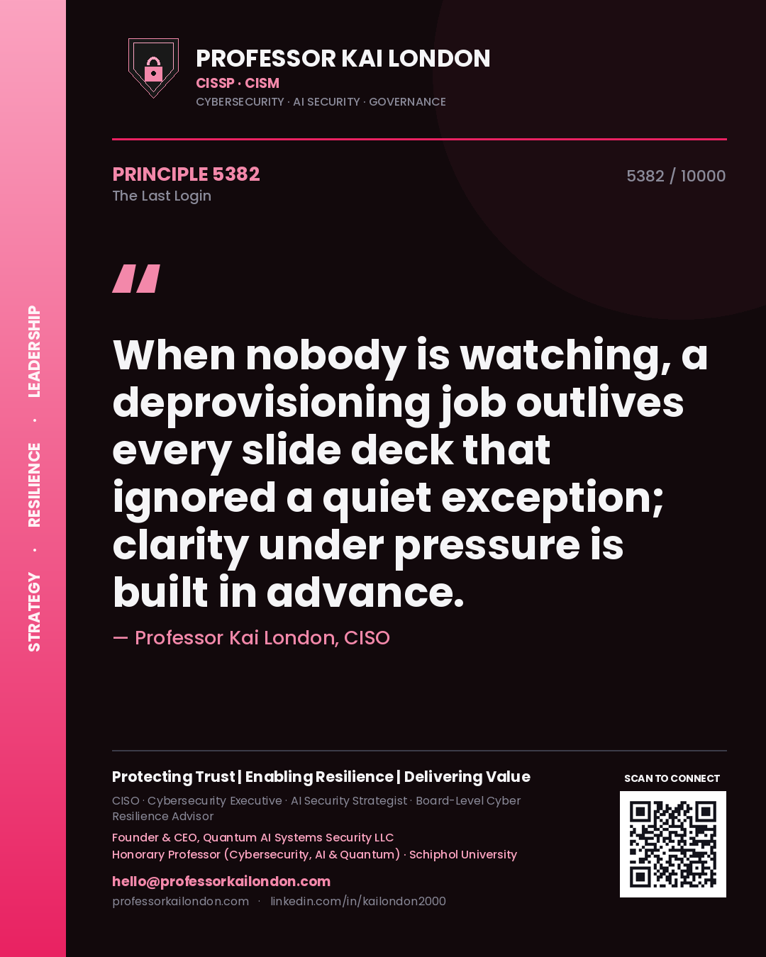 Professor Kai London principle 5382: When nobody is watching, a deprovisioning job outlives every slide deck that ignored a quiet exception; clarity under pressure is built in advance.