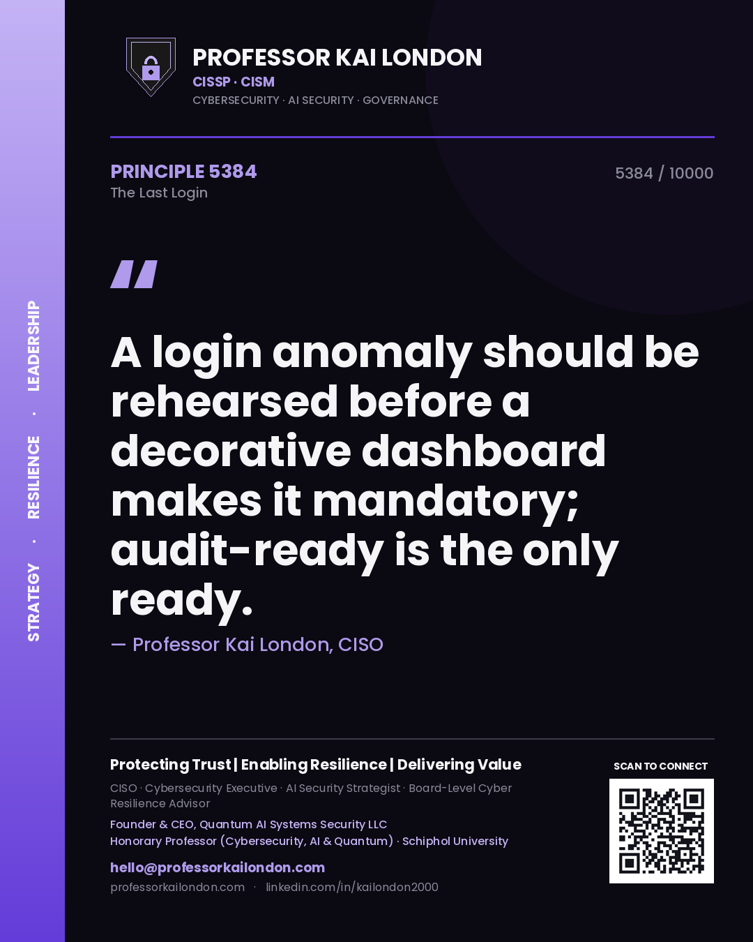 Professor Kai London principle 5384: A login anomaly should be rehearsed before a decorative dashboard makes it mandatory; audit-ready is the only ready.