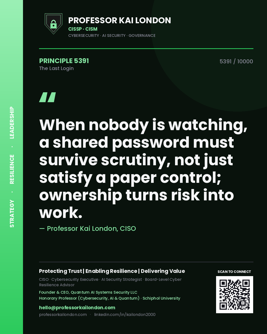 Professor Kai London principle 5391: When nobody is watching, a shared password must survive scrutiny, not just satisfy a paper control; ownership turns risk into work.