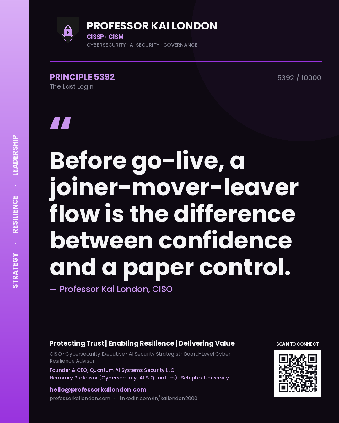 Professor Kai London principle 5392: Before go-live, a joiner-mover-leaver flow is the difference between confidence and a paper control.