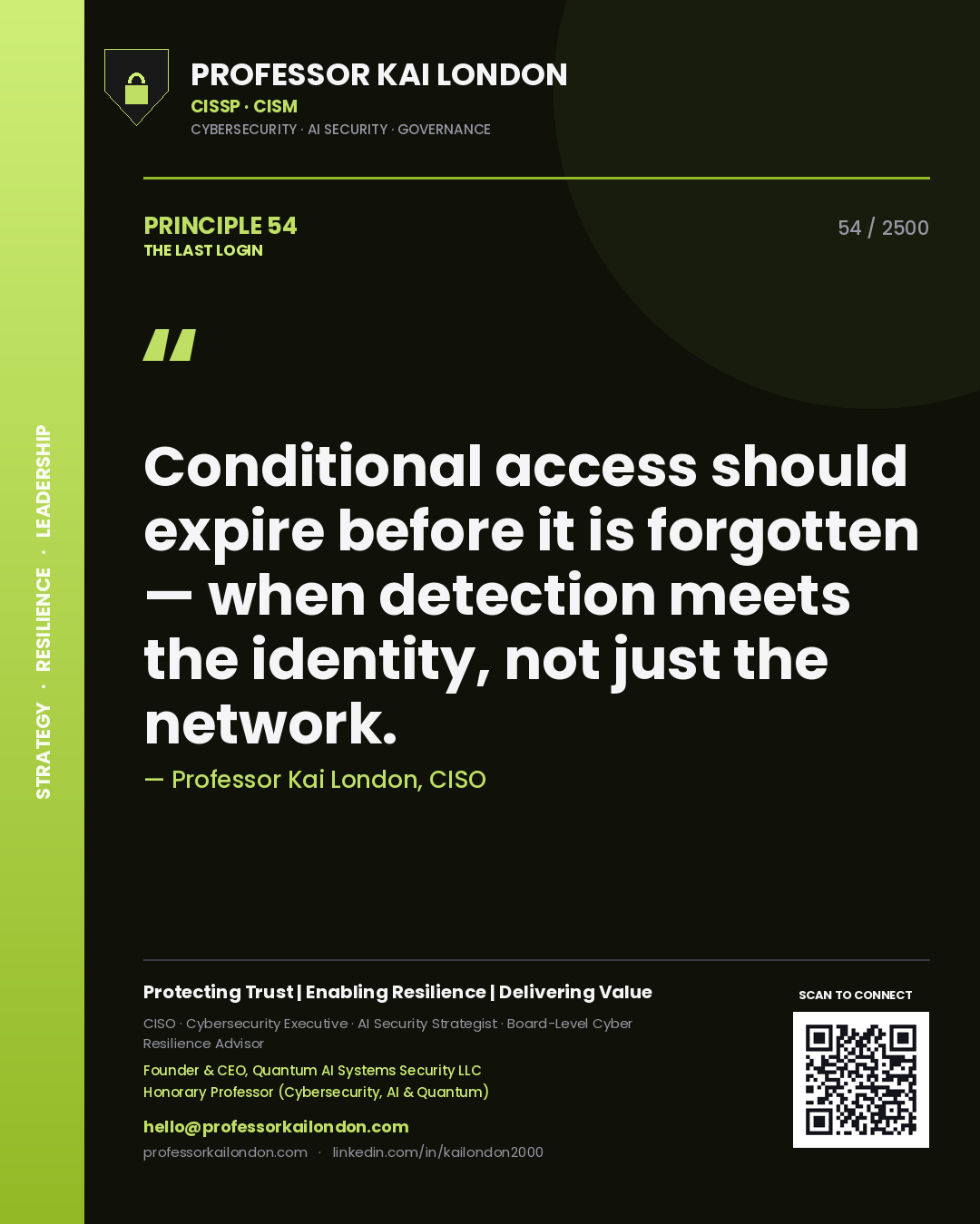 Professor Kai London principle 54: Conditional access should expire before it is forgotten — when detection meets the identity, not just the network.