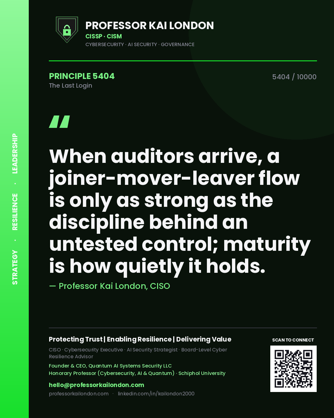 Professor Kai London principle 5404: When auditors arrive, a joiner-mover-leaver flow is only as strong as the discipline behind an untested control; maturity is how quietly it holds.