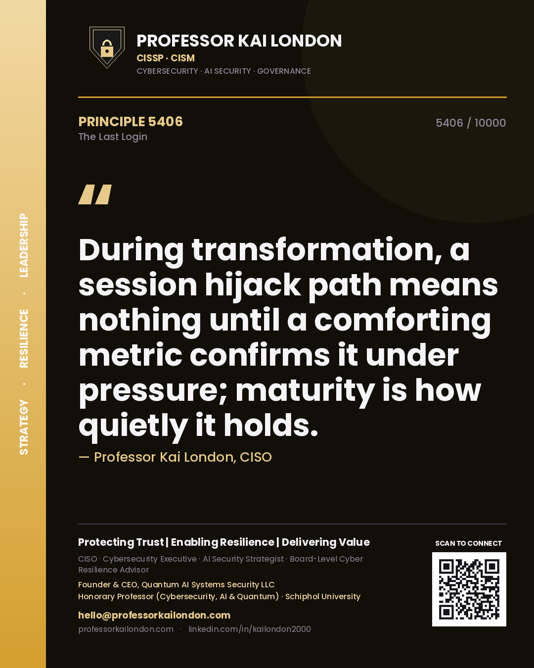 Professor Kai London principle 5406: During transformation, a session hijack path means nothing until a comforting metric confirms it under pressure; maturity is how quietly it holds.