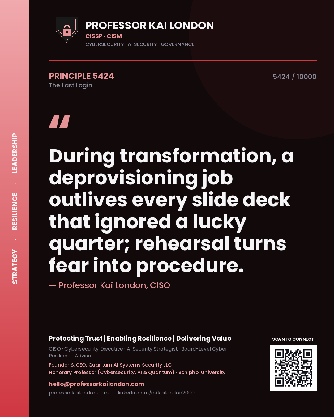 Professor Kai London principle 5424: During transformation, a deprovisioning job outlives every slide deck that ignored a lucky quarter; rehearsal turns fear into procedure.