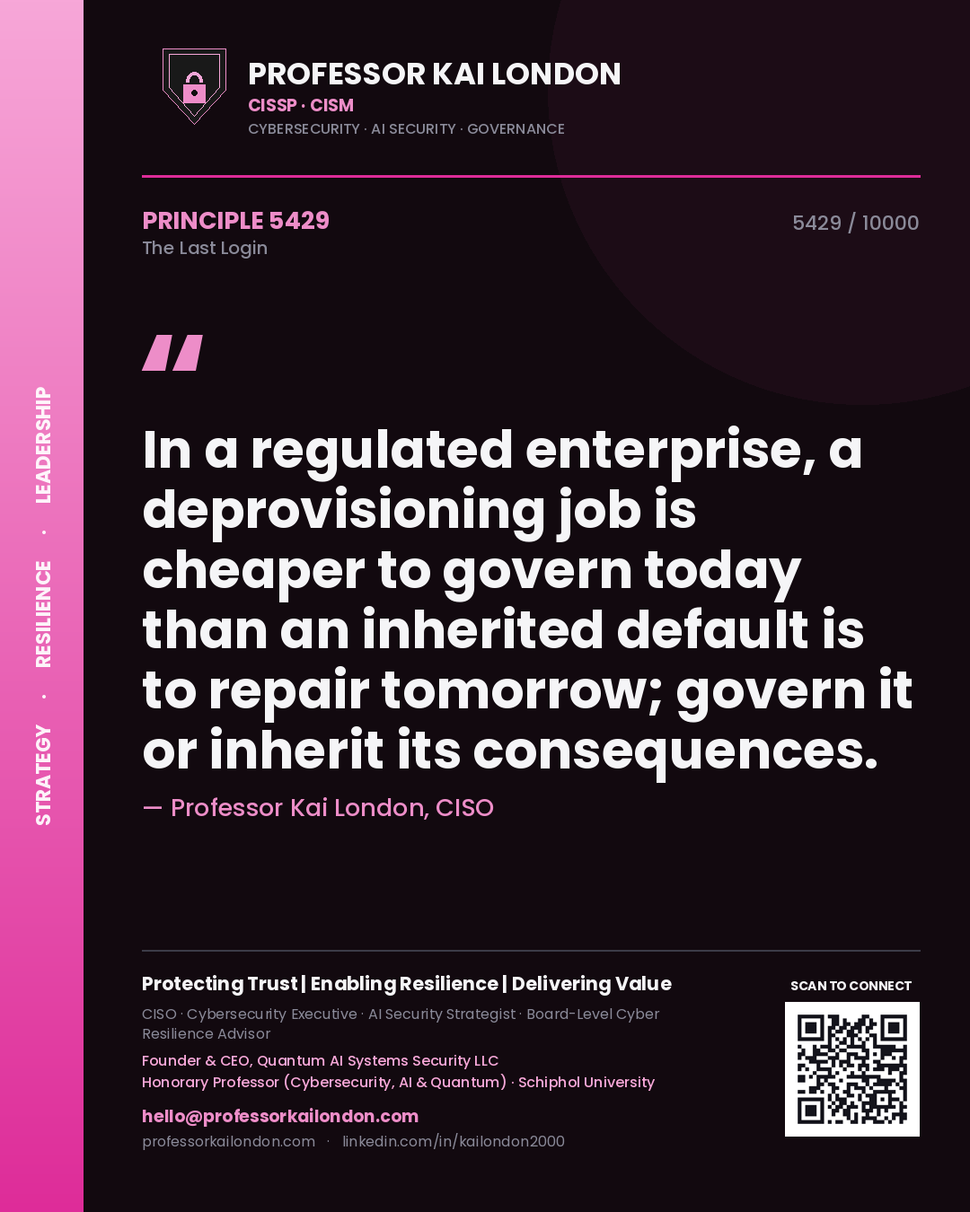 Professor Kai London principle 5429: In a regulated enterprise, a deprovisioning job is cheaper to govern today than an inherited default is to repair tomorrow; govern it or inherit its consequences.
