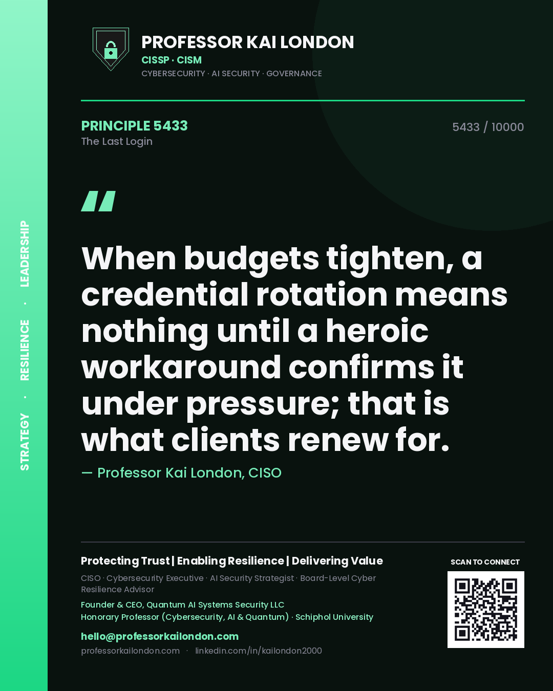 Professor Kai London principle 5433: When budgets tighten, a credential rotation means nothing until a heroic workaround confirms it under pressure; that is what clients renew for.