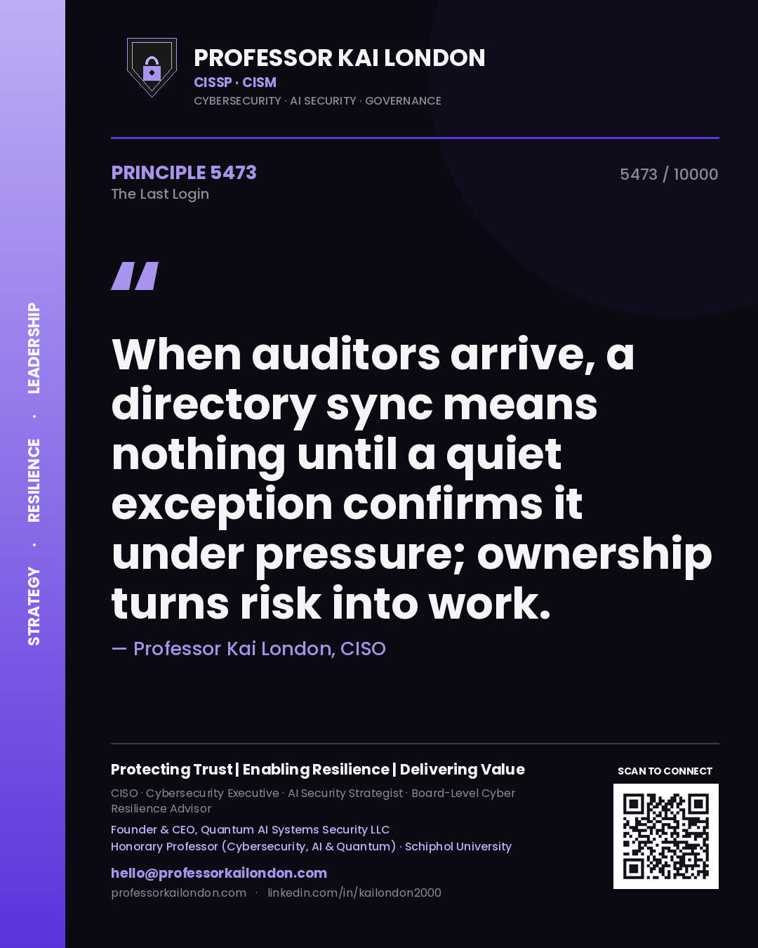 Professor Kai London principle 5473: When auditors arrive, a directory sync means nothing until a quiet exception confirms it under pressure; ownership turns risk into work.