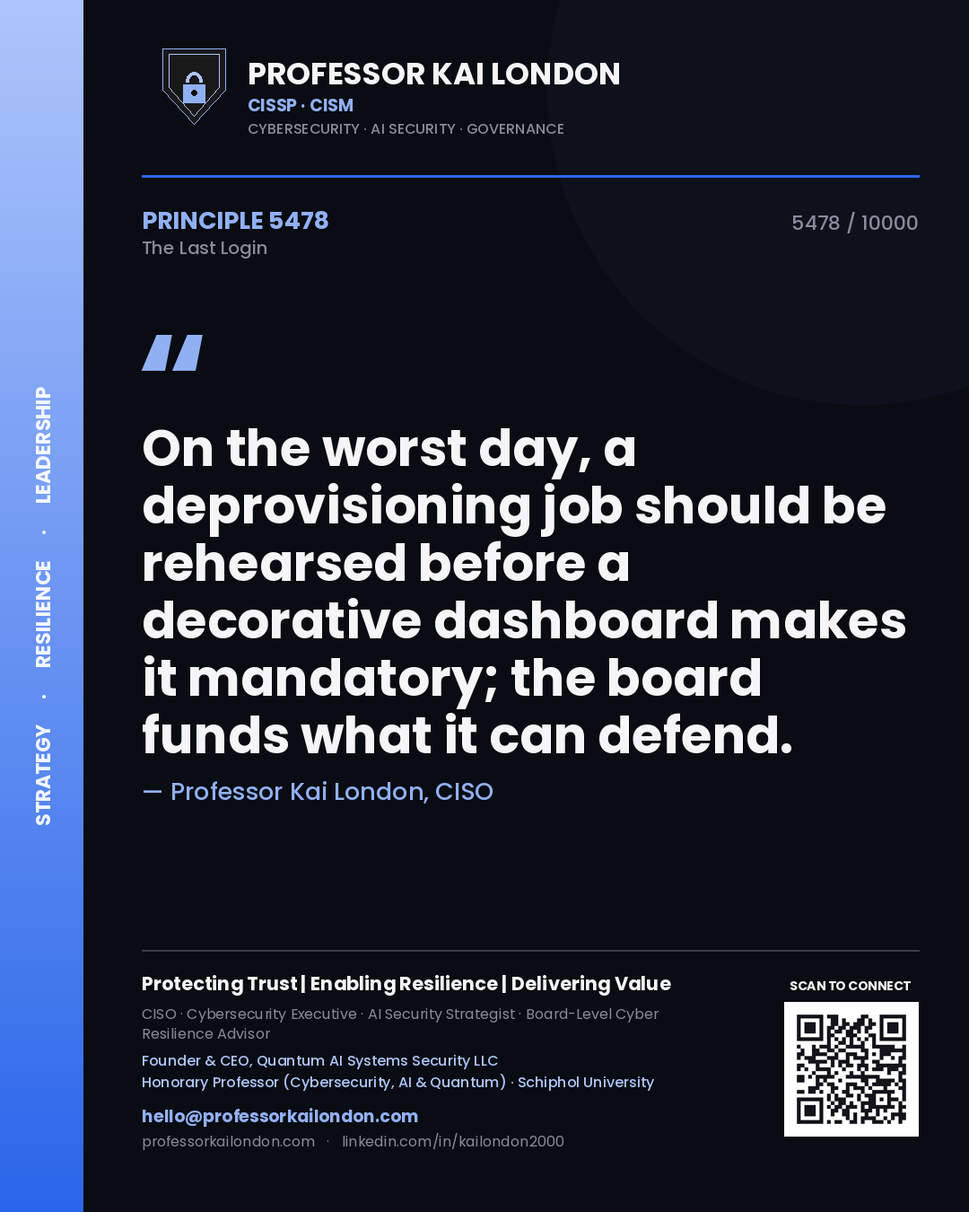 Professor Kai London principle 5478: On the worst day, a deprovisioning job should be rehearsed before a decorative dashboard makes it mandatory; the board funds what it can defend.