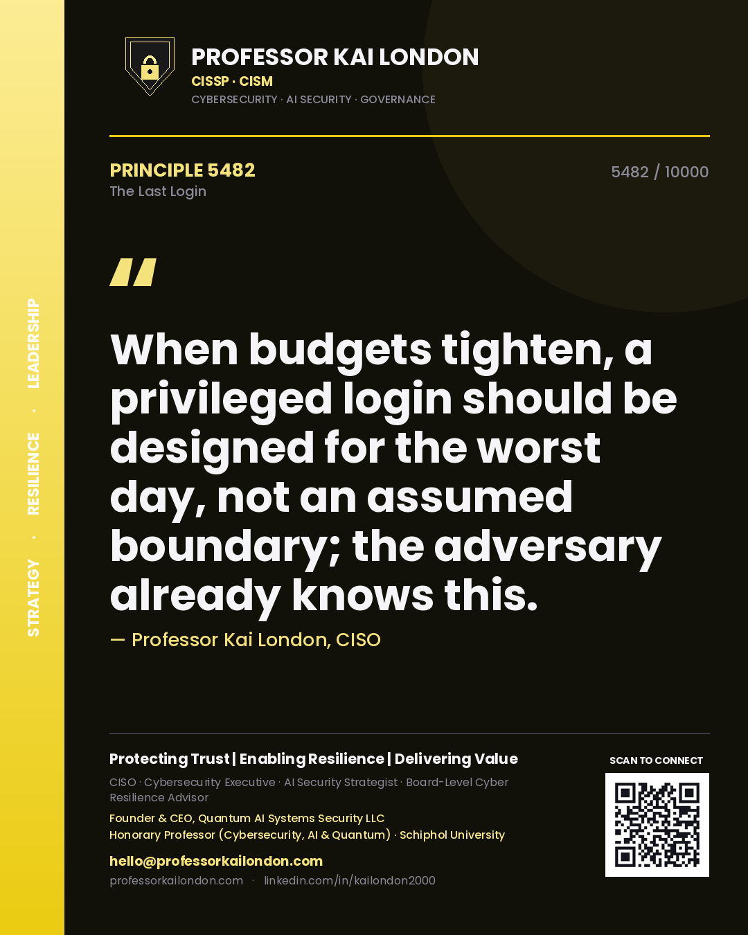 Professor Kai London principle 5482: When budgets tighten, a privileged login should be designed for the worst day, not an assumed boundary; the adversary already knows this.