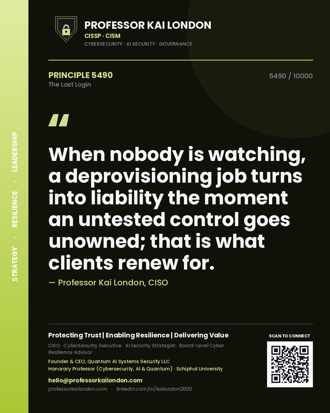 Professor Kai London principle 5490: When nobody is watching, a deprovisioning job turns into liability the moment an untested control goes unowned; that is what clients renew for.