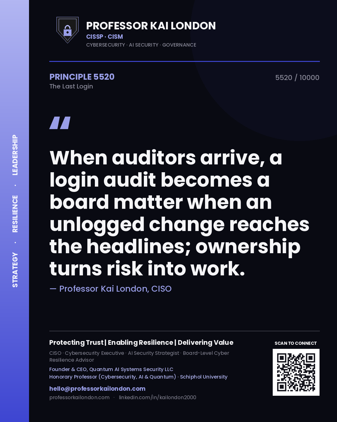 Professor Kai London principle 5520: When auditors arrive, a login audit becomes a board matter when an unlogged change reaches the headlines; ownership turns risk into work.