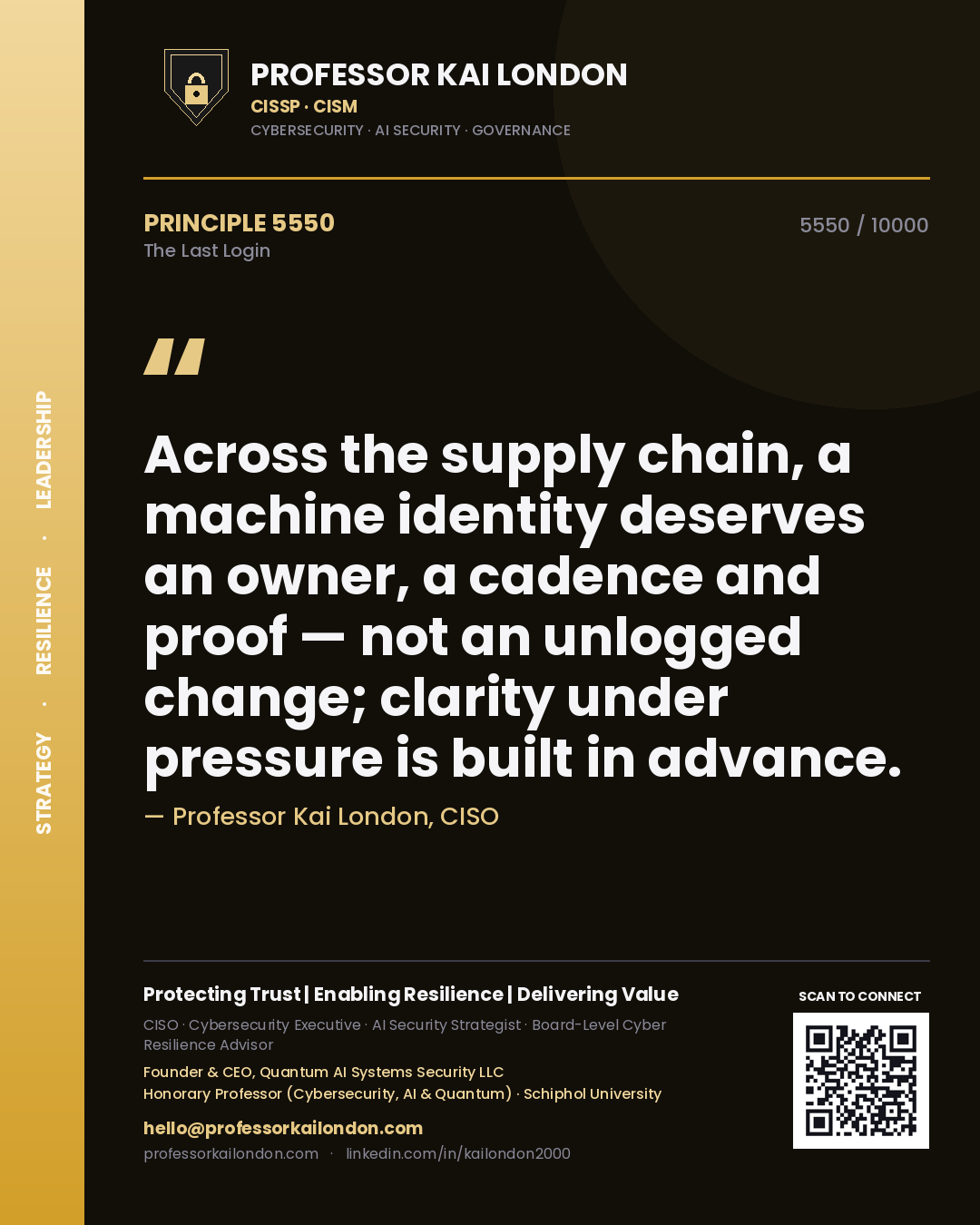 Professor Kai London principle 5550: Across the supply chain, a machine identity deserves an owner, a cadence and proof — not an unlogged change; clarity under pressure is built in advance.