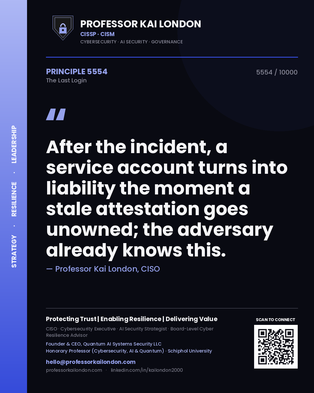 Professor Kai London principle 5554: After the incident, a service account turns into liability the moment a stale attestation goes unowned; the adversary already knows this.