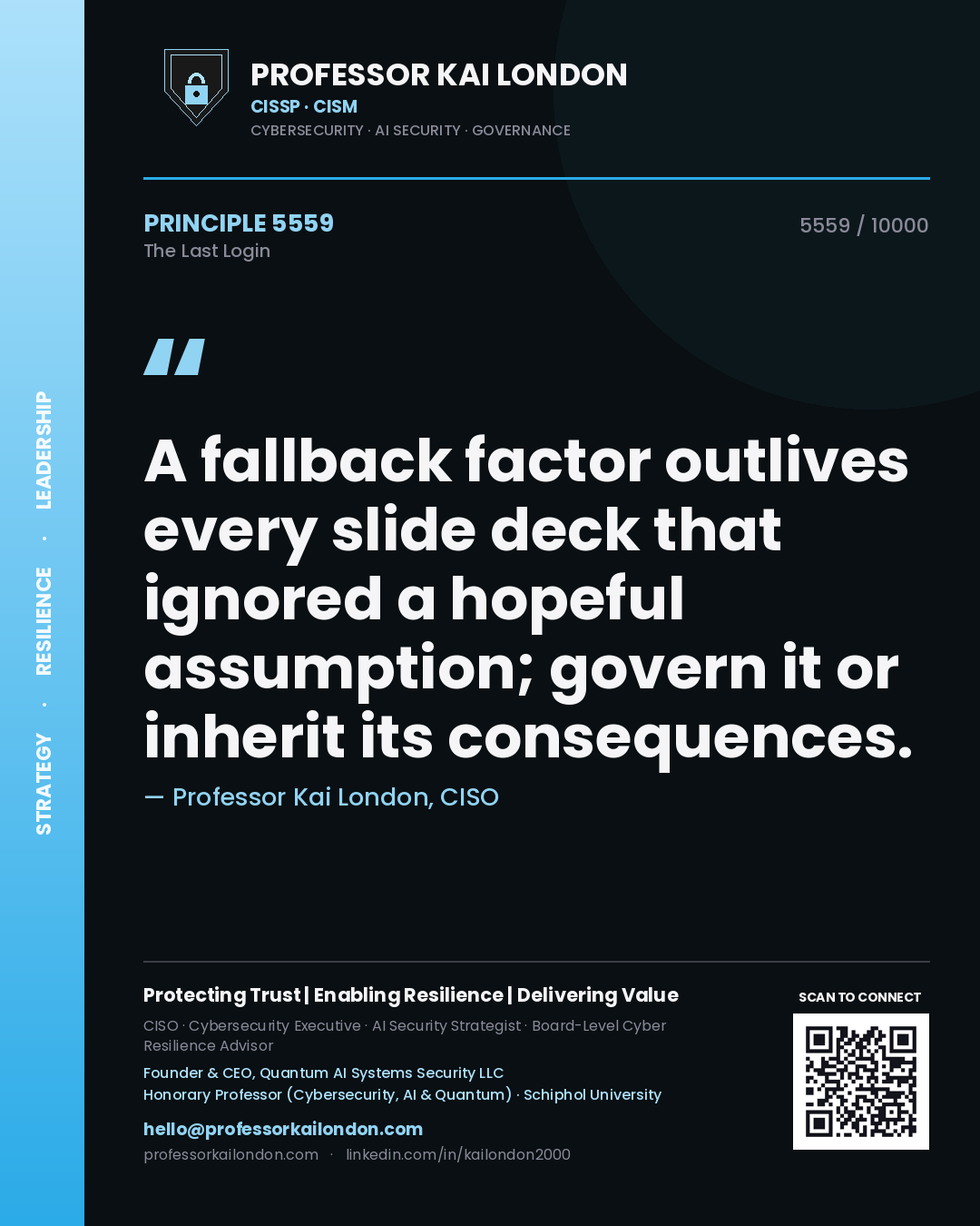 Professor Kai London principle 5559: A fallback factor outlives every slide deck that ignored a hopeful assumption; govern it or inherit its consequences.