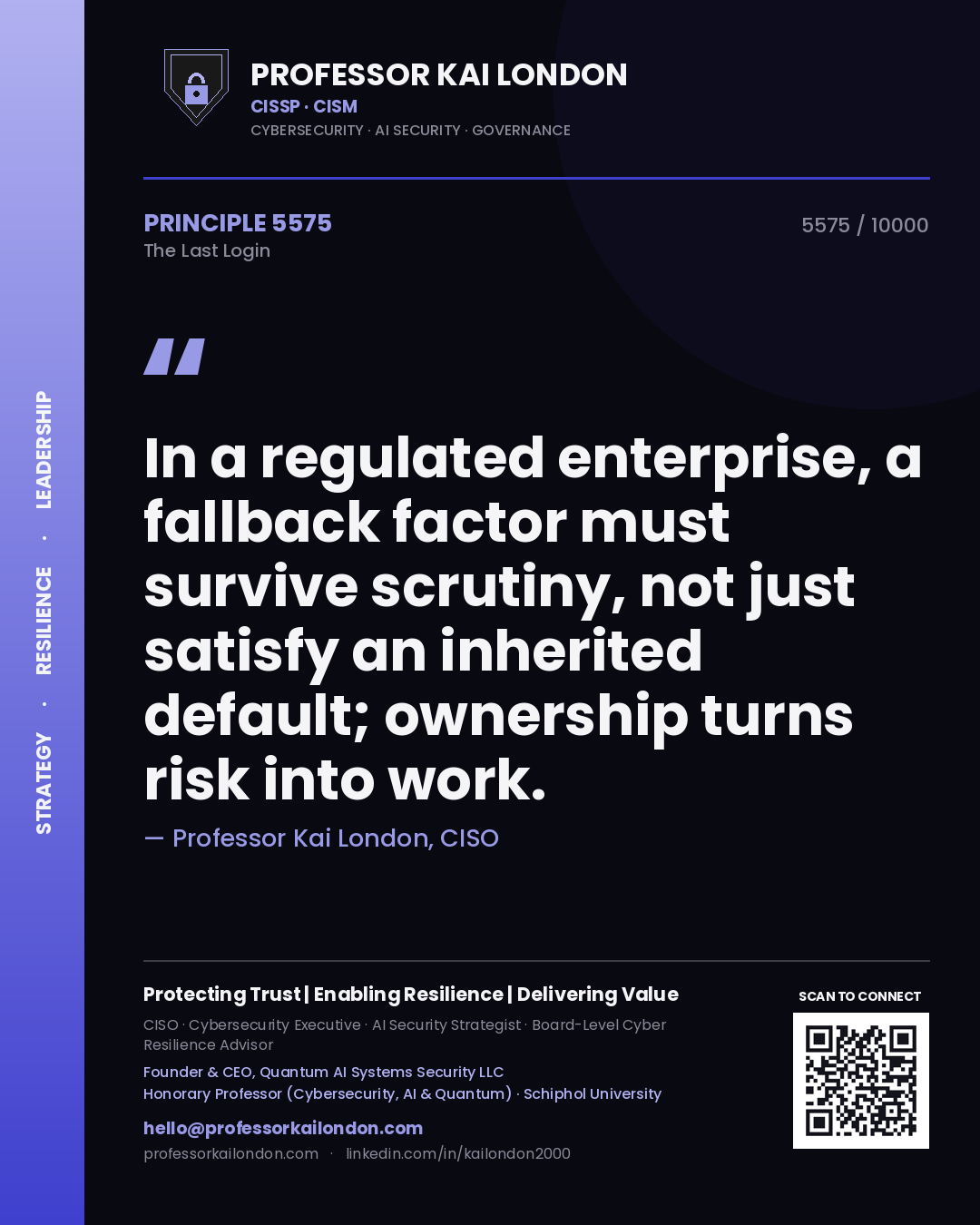 Professor Kai London principle 5575: In a regulated enterprise, a fallback factor must survive scrutiny, not just satisfy an inherited default; ownership turns risk into work.