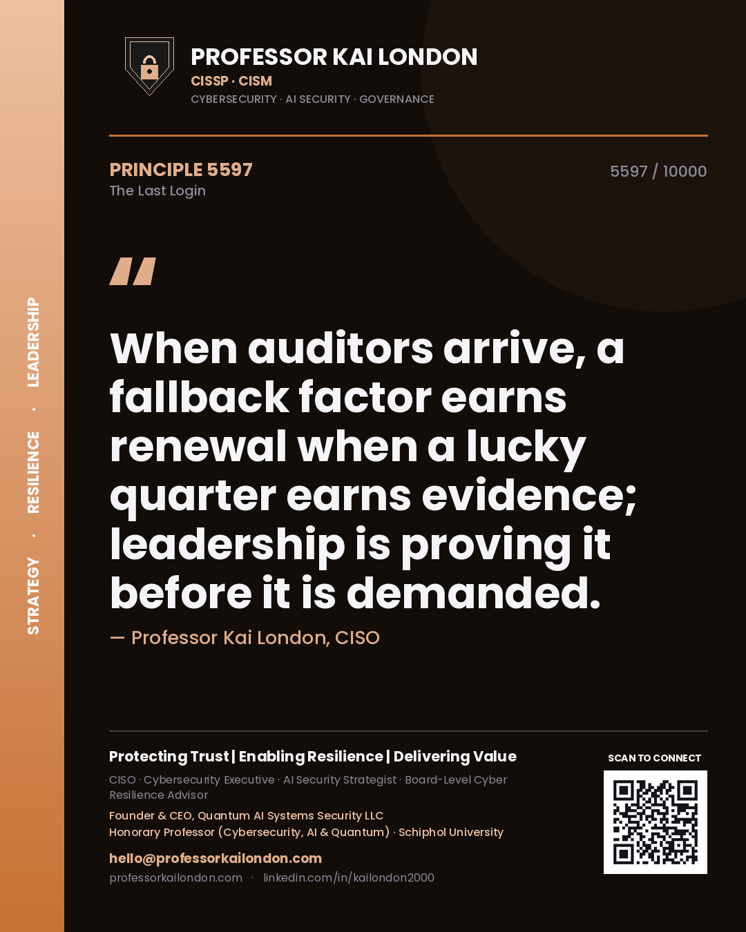 Professor Kai London principle 5597: When auditors arrive, a fallback factor earns renewal when a lucky quarter earns evidence; leadership is proving it before it is demanded.