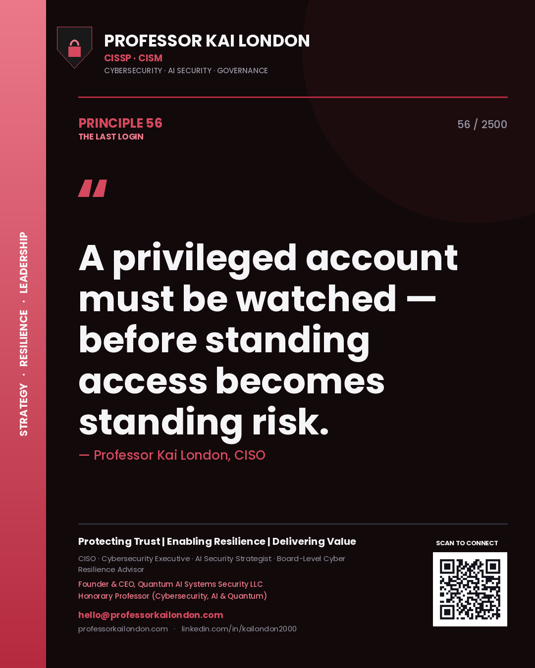 Professor Kai London principle 56: A privileged account must be watched — before standing access becomes standing risk.