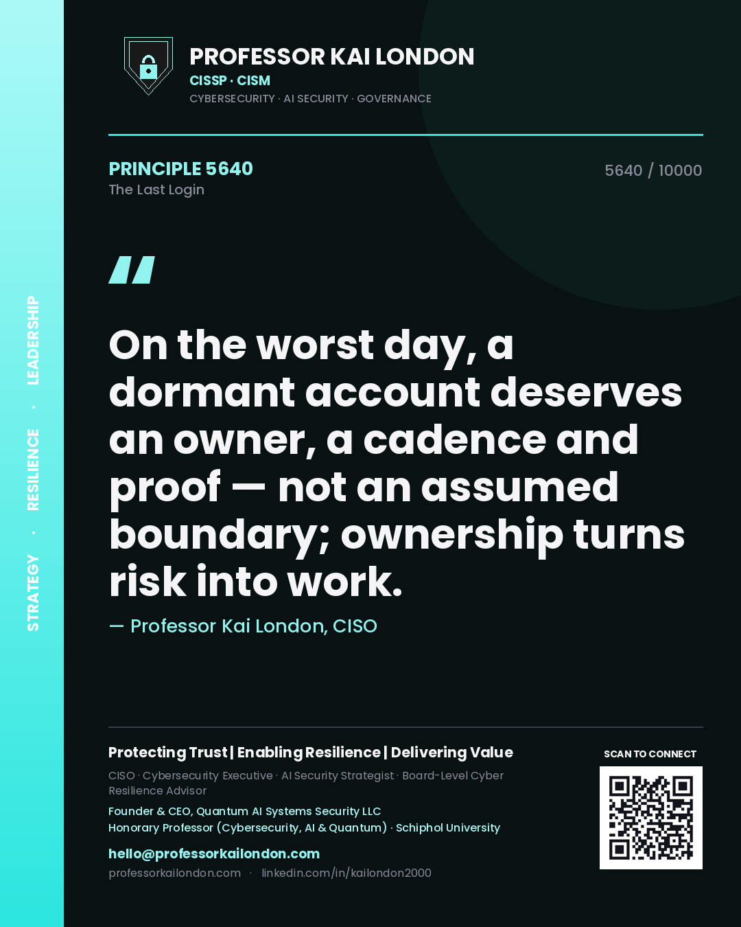 Professor Kai London principle 5640: On the worst day, a dormant account deserves an owner, a cadence and proof — not an assumed boundary; ownership turns risk into work.