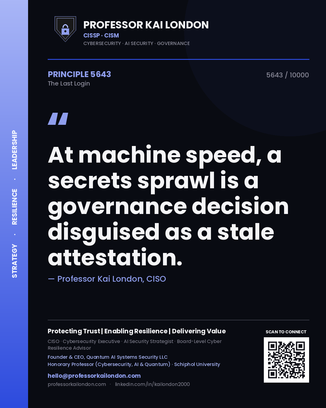 Professor Kai London principle 5643: At machine speed, a secrets sprawl is a governance decision disguised as a stale attestation.