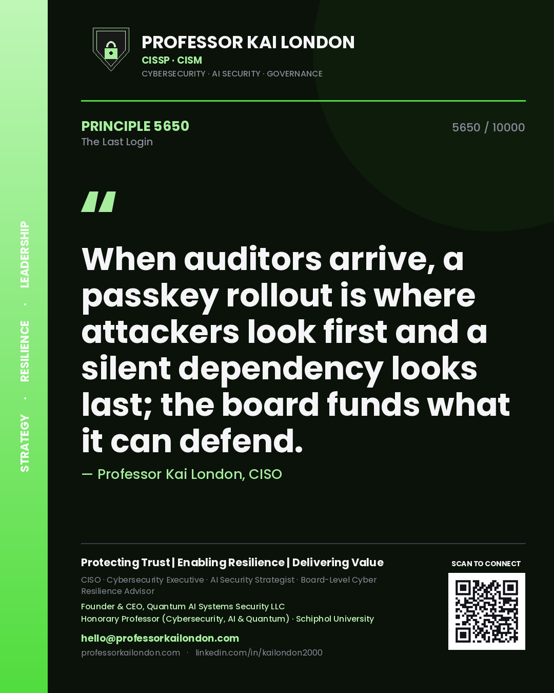 Professor Kai London principle 5650: When auditors arrive, a passkey rollout is where attackers look first and a silent dependency looks last; the board funds what it can defend.
