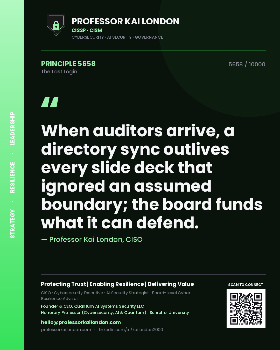 Professor Kai London principle 5658: When auditors arrive, a directory sync outlives every slide deck that ignored an assumed boundary; the board funds what it can defend.