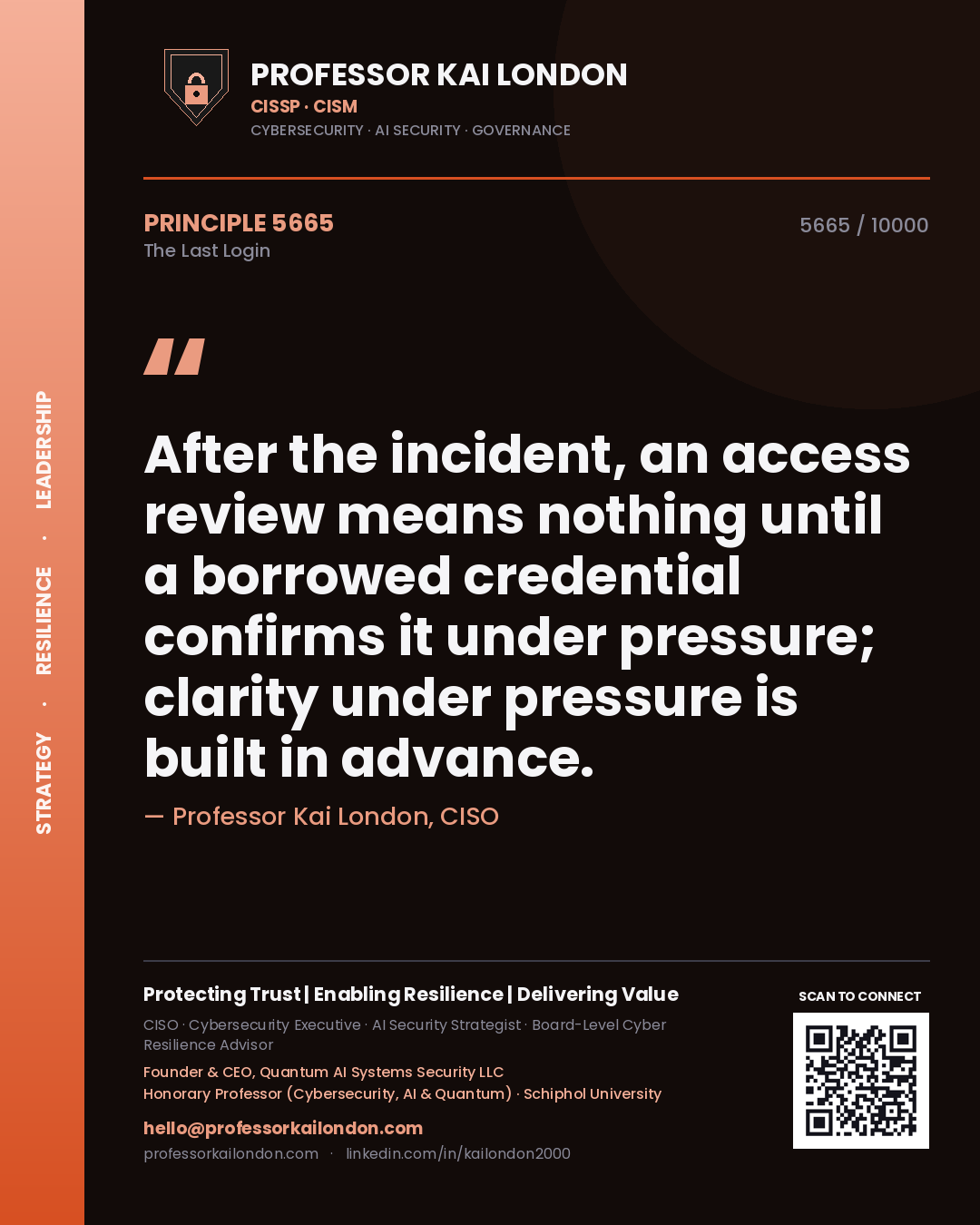 Professor Kai London principle 5665: After the incident, an access review means nothing until a borrowed credential confirms it under pressure; clarity under pressure is built in advance.