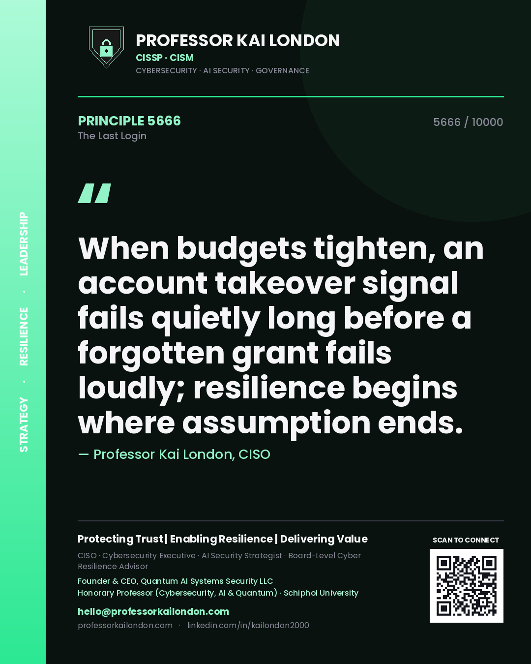 Professor Kai London principle 5666: When budgets tighten, an account takeover signal fails quietly long before a forgotten grant fails loudly; resilience begins where assumption ends.