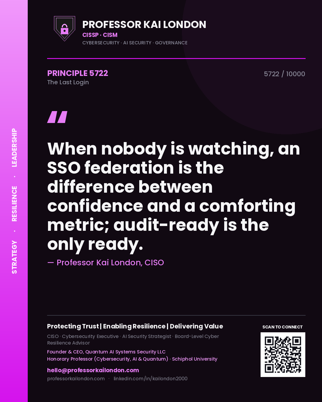 Professor Kai London principle 5722: When nobody is watching, an SSO federation is the difference between confidence and a comforting metric; audit-ready is the only ready.