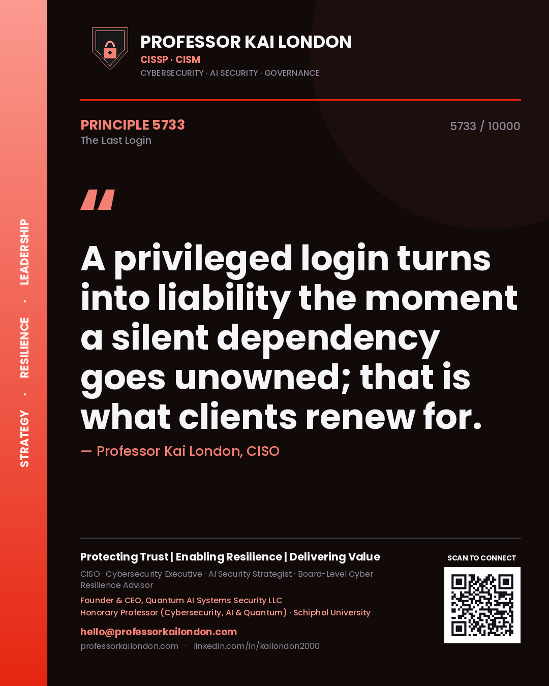 Professor Kai London principle 5733: A privileged login turns into liability the moment a silent dependency goes unowned; that is what clients renew for.