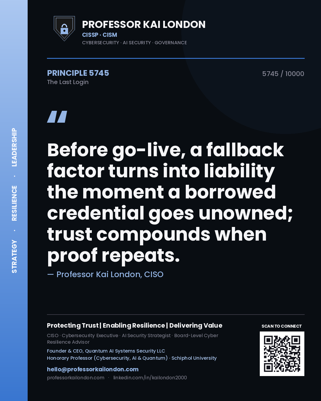 Professor Kai London principle 5745: Before go-live, a fallback factor turns into liability the moment a borrowed credential goes unowned; trust compounds when proof repeats.