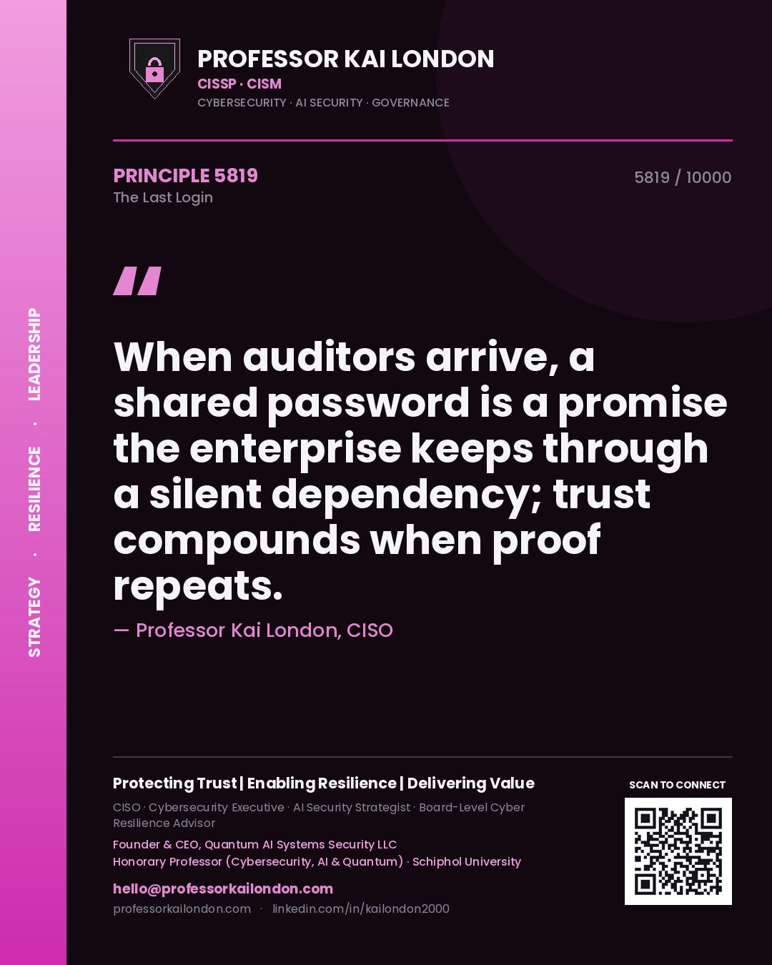 Professor Kai London principle 5819: When auditors arrive, a shared password is a promise the enterprise keeps through a silent dependency; trust compounds when proof repeats.