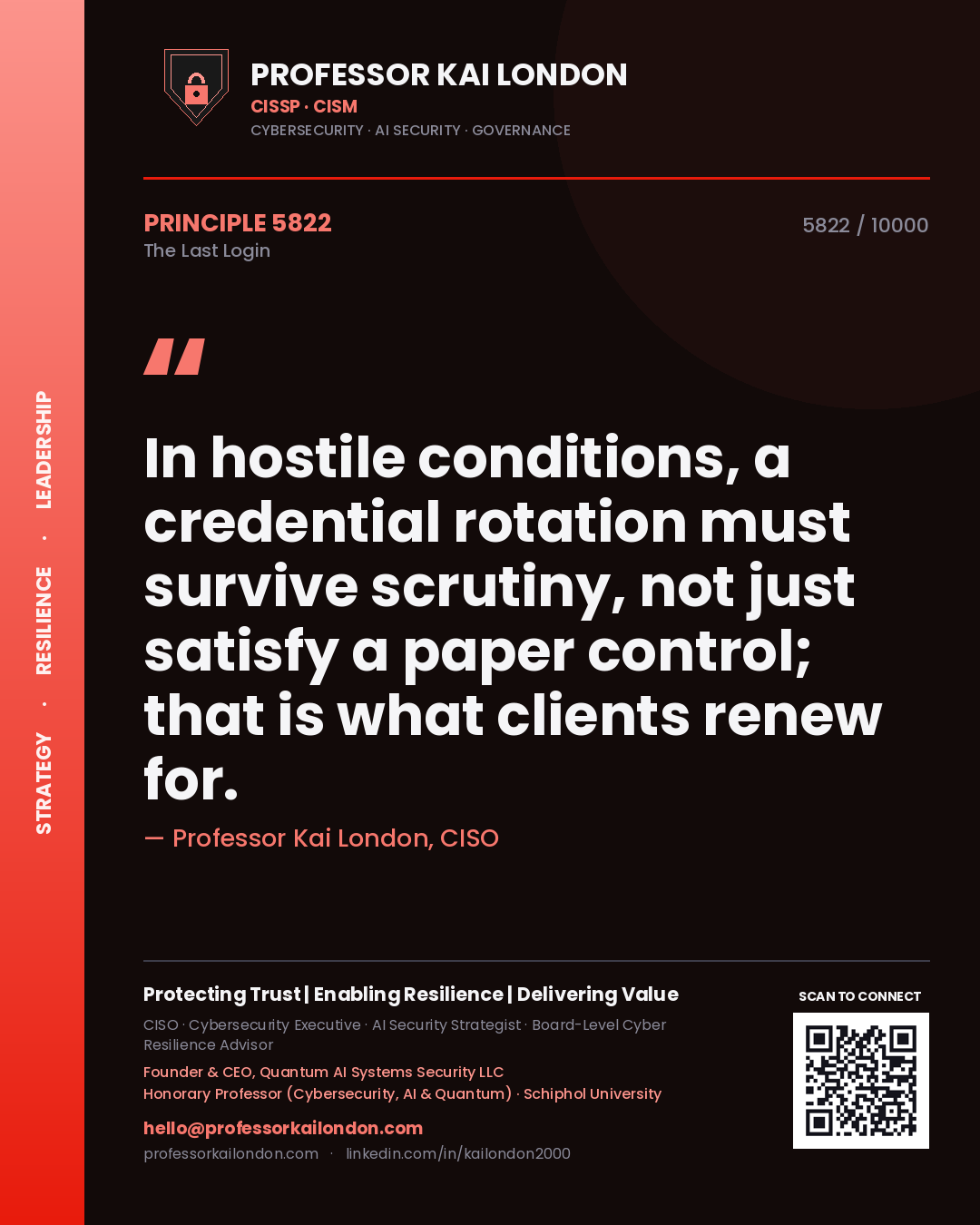 Professor Kai London principle 5822: In hostile conditions, a credential rotation must survive scrutiny, not just satisfy a paper control; that is what clients renew for.