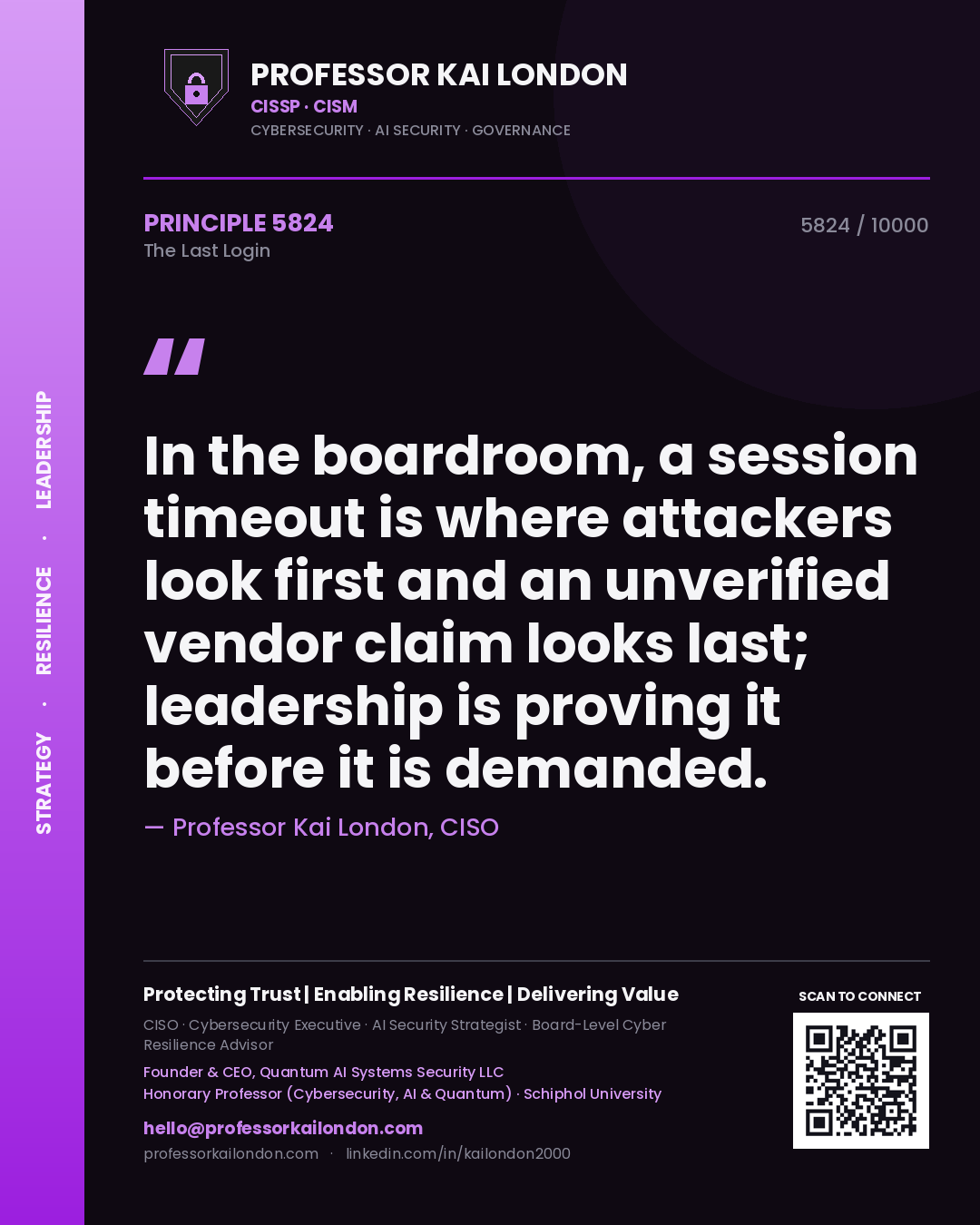 Professor Kai London principle 5824: In the boardroom, a session timeout is where attackers look first and an unverified vendor claim looks last; leadership is proving it before it is demanded.