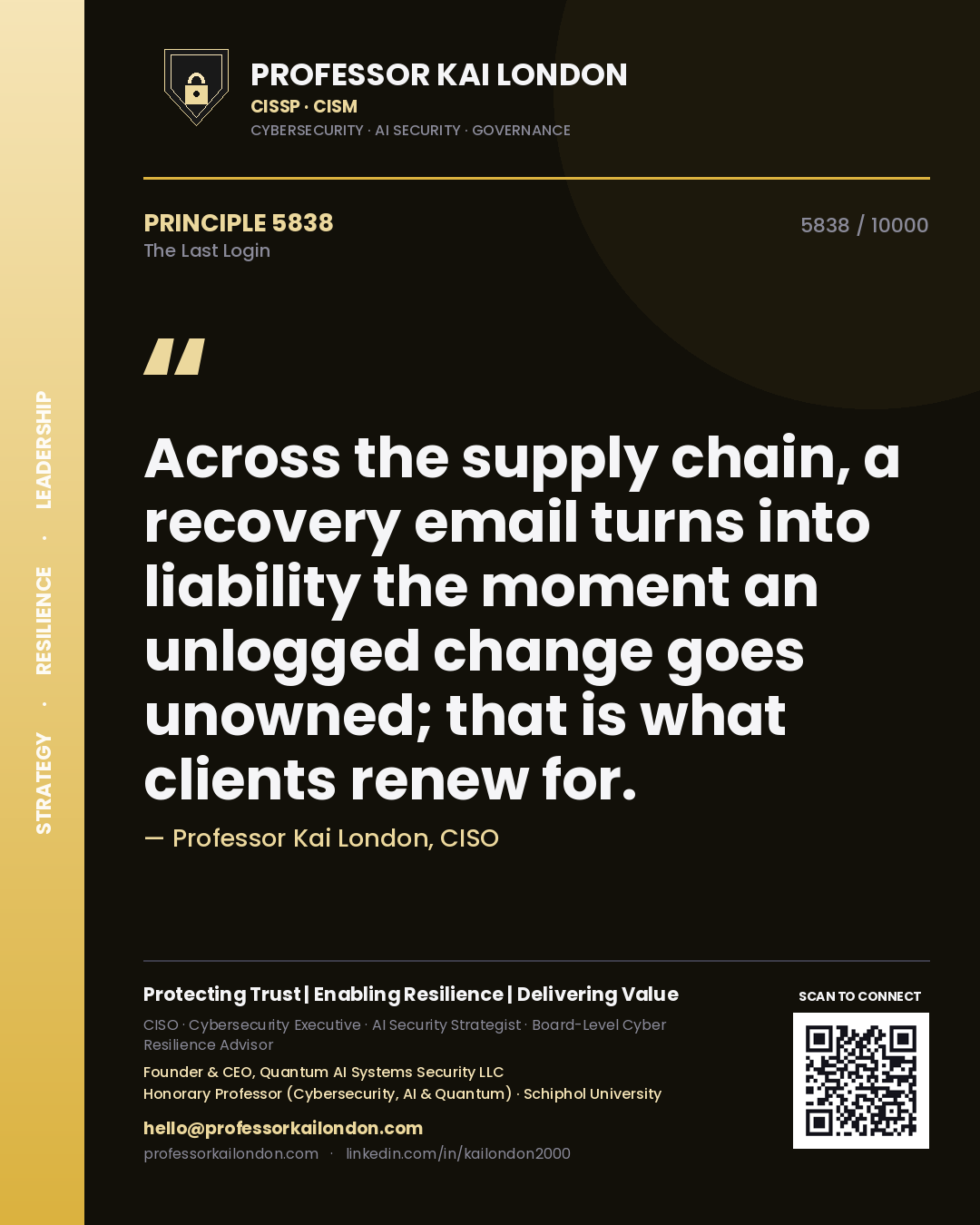 Professor Kai London principle 5838: Across the supply chain, a recovery email turns into liability the moment an unlogged change goes unowned; that is what clients renew for.
