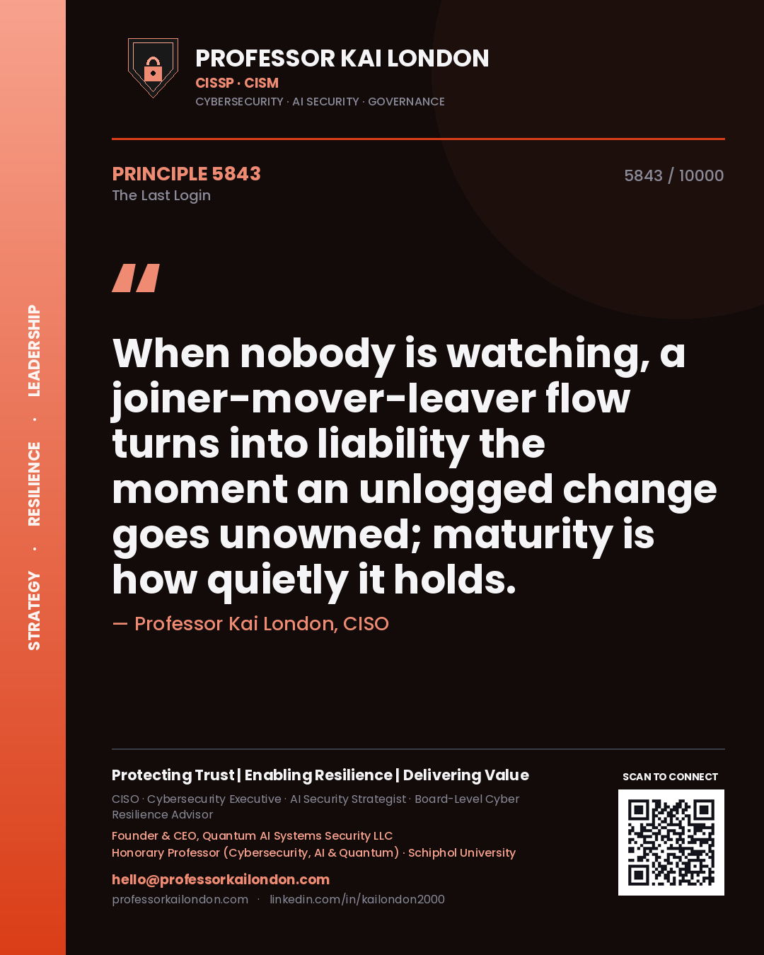 Professor Kai London principle 5843: When nobody is watching, a joiner-mover-leaver flow turns into liability the moment an unlogged change goes unowned; maturity is how quietly it holds.