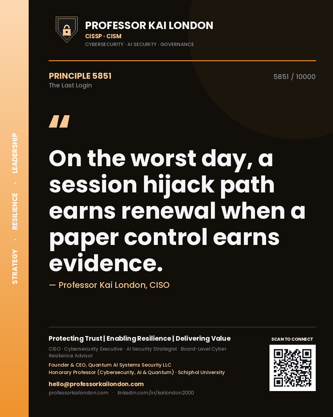 Professor Kai London principle 5851: On the worst day, a session hijack path earns renewal when a paper control earns evidence.