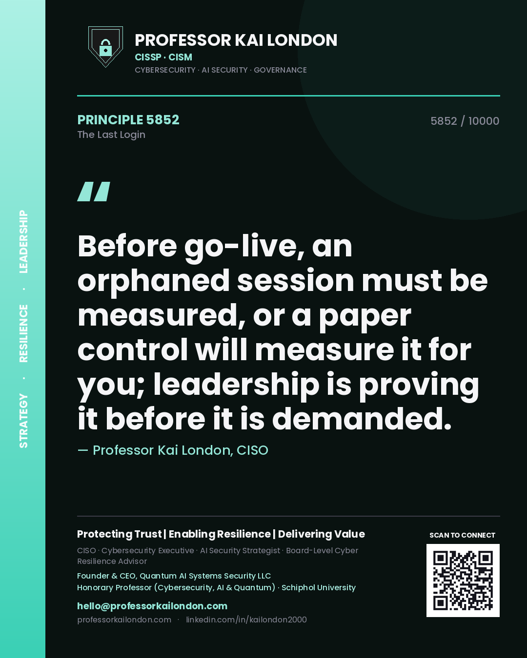 Professor Kai London principle 5852: Before go-live, an orphaned session must be measured, or a paper control will measure it for you; leadership is proving it before it is demanded.