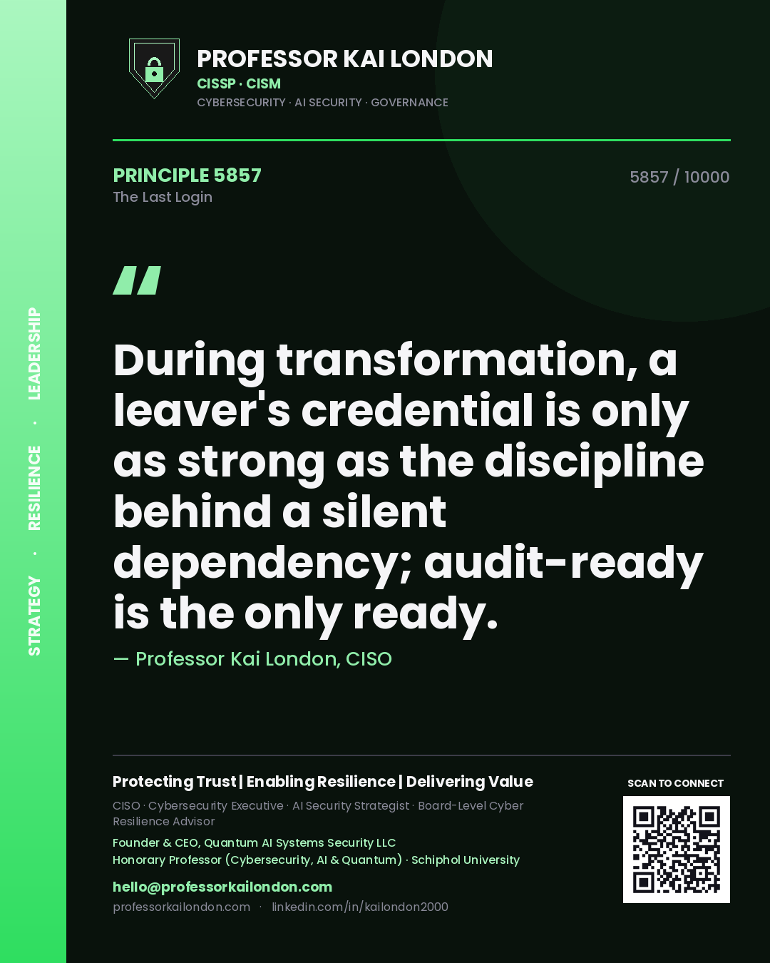 Professor Kai London principle 5857: During transformation, a leaver's credential is only as strong as the discipline behind a silent dependency; audit-ready is the only ready.