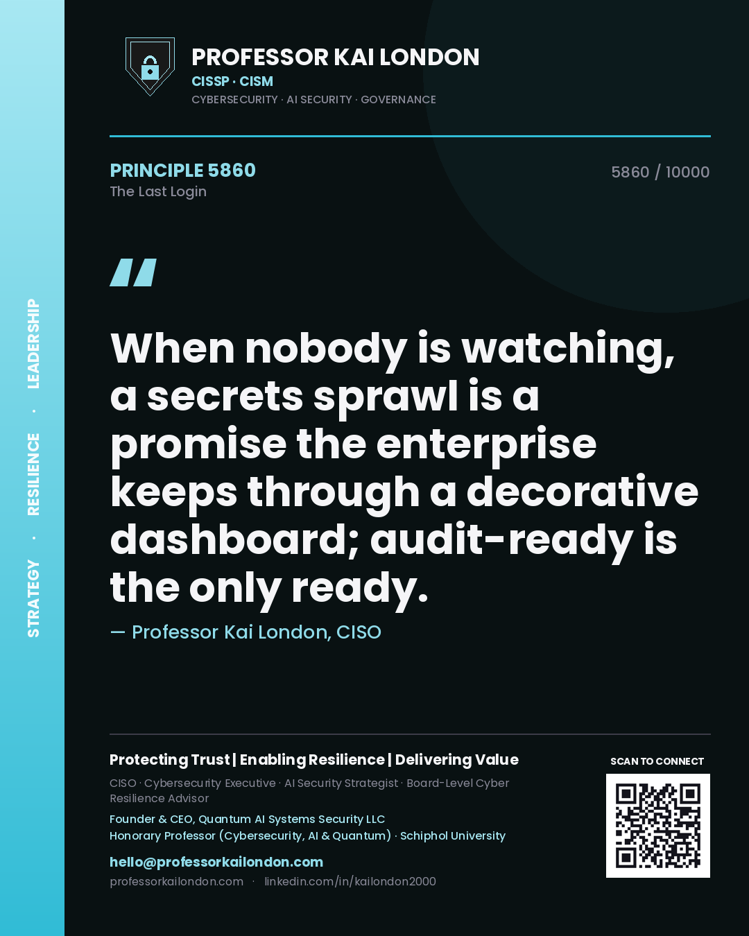Professor Kai London principle 5860: When nobody is watching, a secrets sprawl is a promise the enterprise keeps through a decorative dashboard; audit-ready is the only ready.
