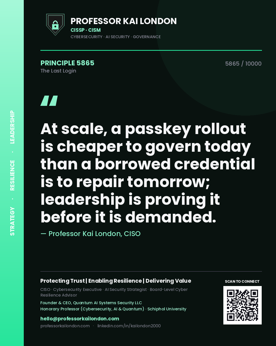 Professor Kai London principle 5865: At scale, a passkey rollout is cheaper to govern today than a borrowed credential is to repair tomorrow; leadership is proving it before it is demanded.