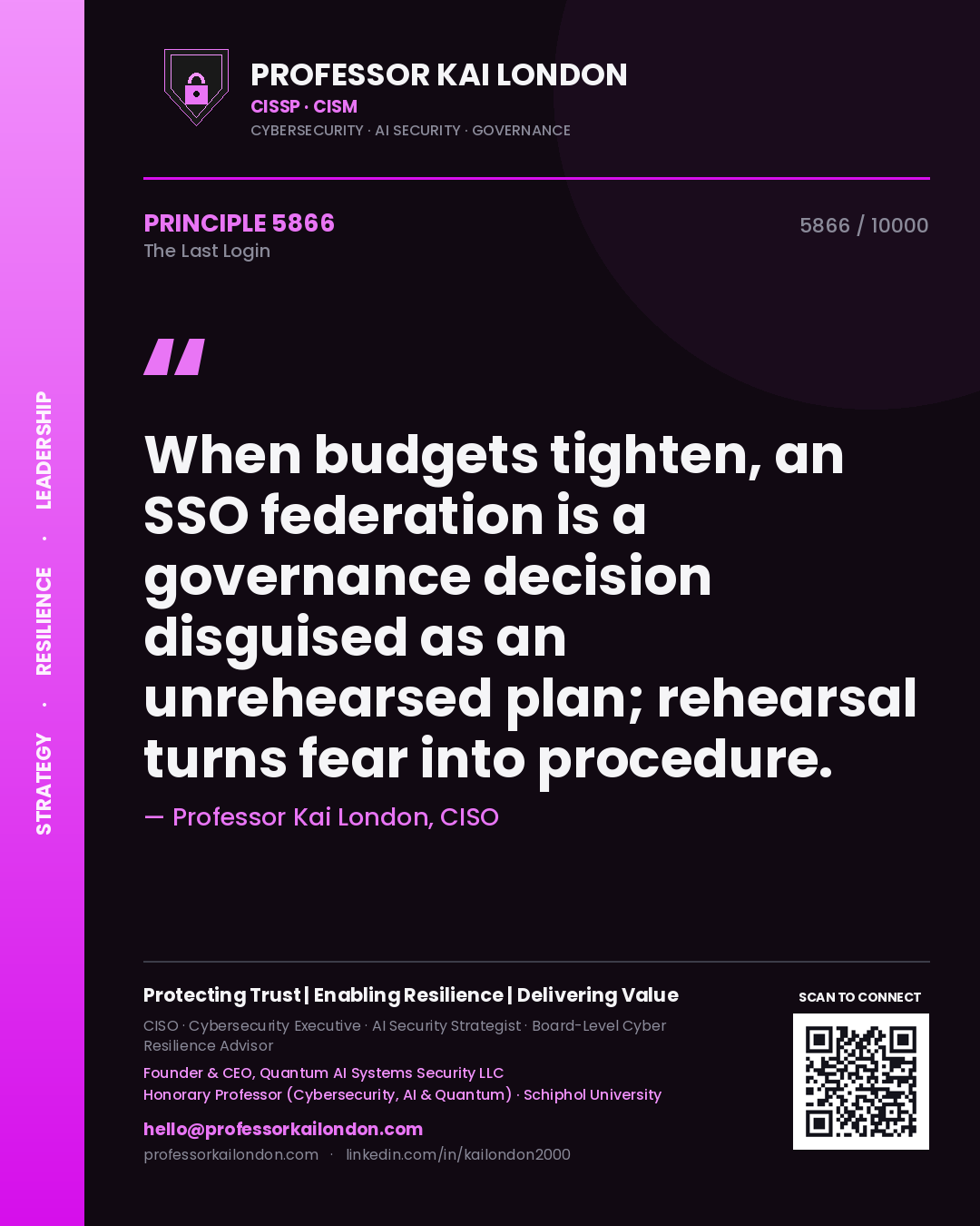 Professor Kai London principle 5866: When budgets tighten, an SSO federation is a governance decision disguised as an unrehearsed plan; rehearsal turns fear into procedure.