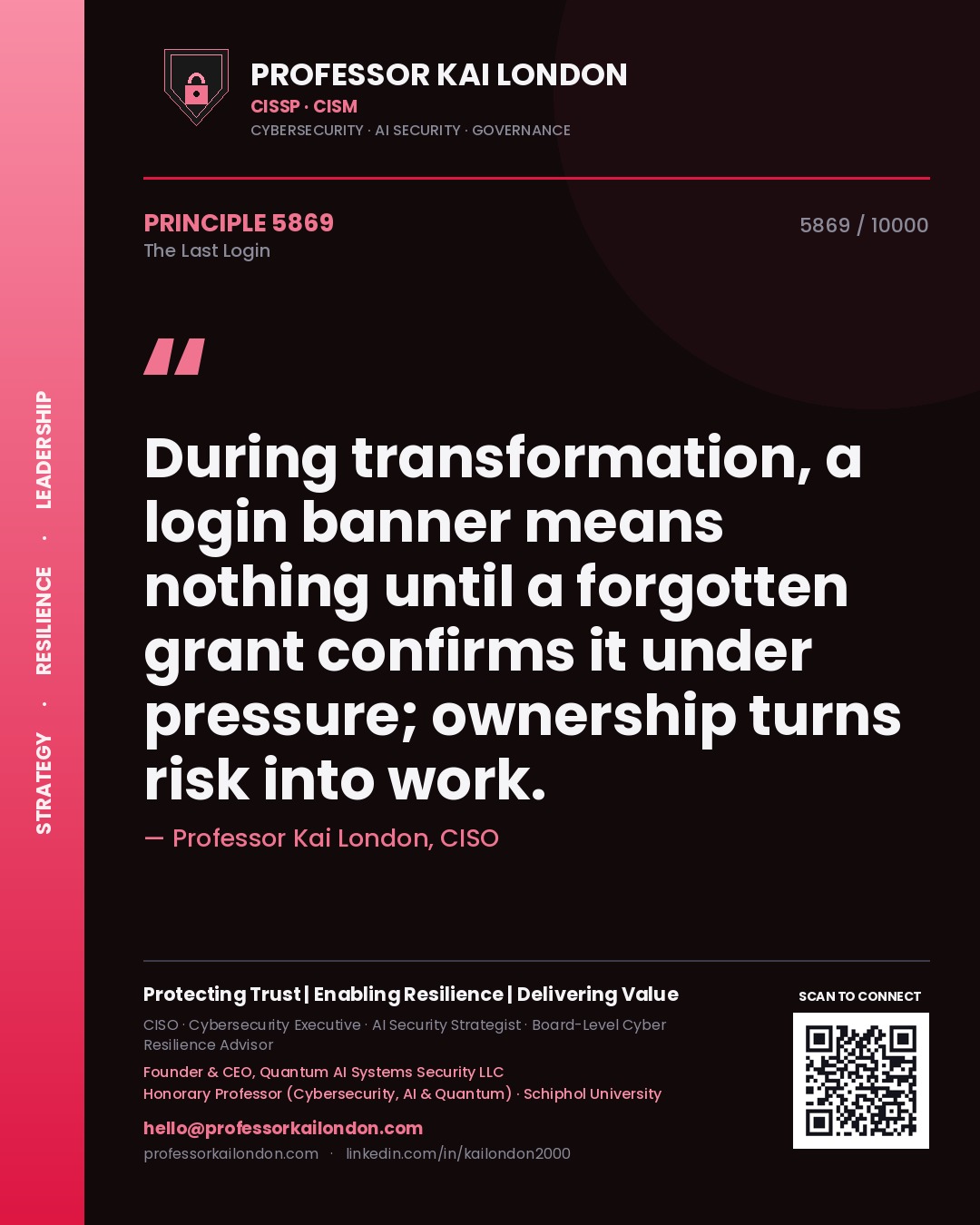 Professor Kai London principle 5869: During transformation, a login banner means nothing until a forgotten grant confirms it under pressure; ownership turns risk into work.