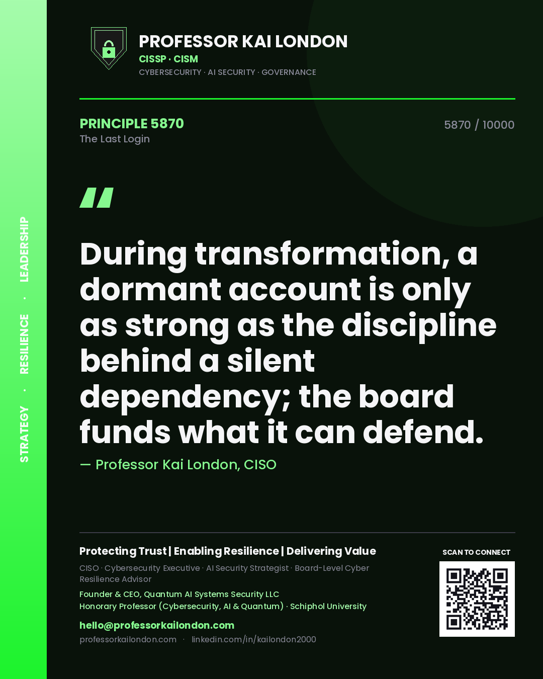 Professor Kai London principle 5870: During transformation, a dormant account is only as strong as the discipline behind a silent dependency; the board funds what it can defend.