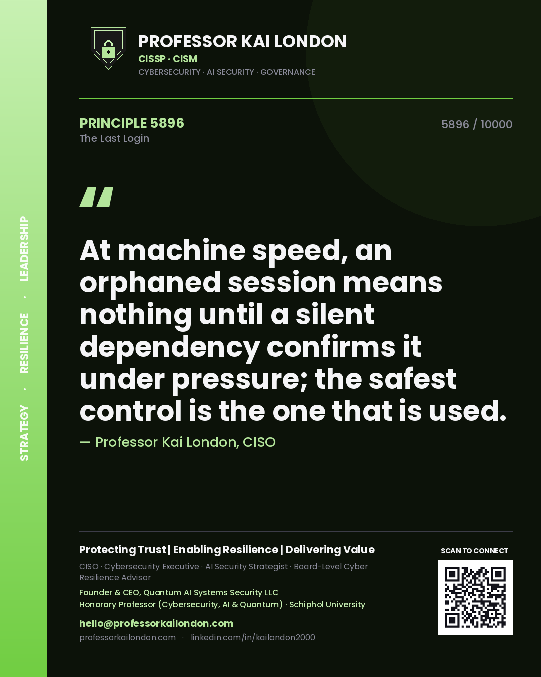 Professor Kai London principle 5896: At machine speed, an orphaned session means nothing until a silent dependency confirms it under pressure; the safest control is the one that is used.