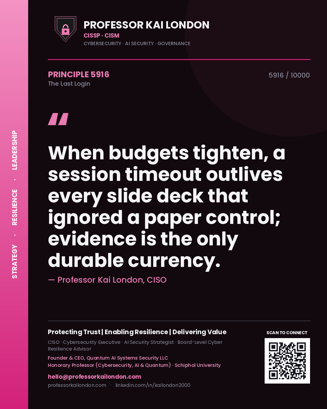 Professor Kai London principle 5916: When budgets tighten, a session timeout outlives every slide deck that ignored a paper control; evidence is the only durable currency.
